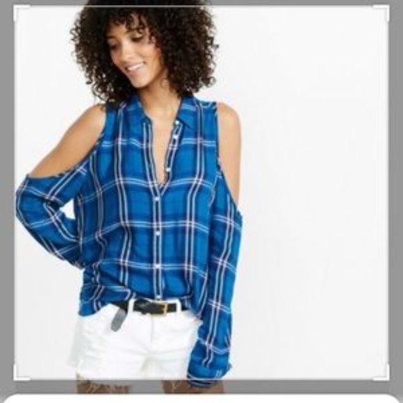 Express Tops - EXPRESS COLD SHOULDER PLAID BUTTON UP BLOUSE SIZE MEDIUM